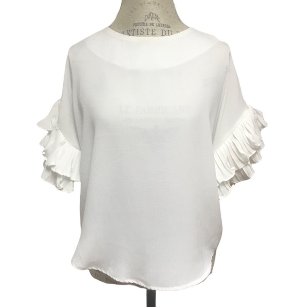 Milk & Homey White Sheet Top with Pleated Ruffle Sleeves Sz L